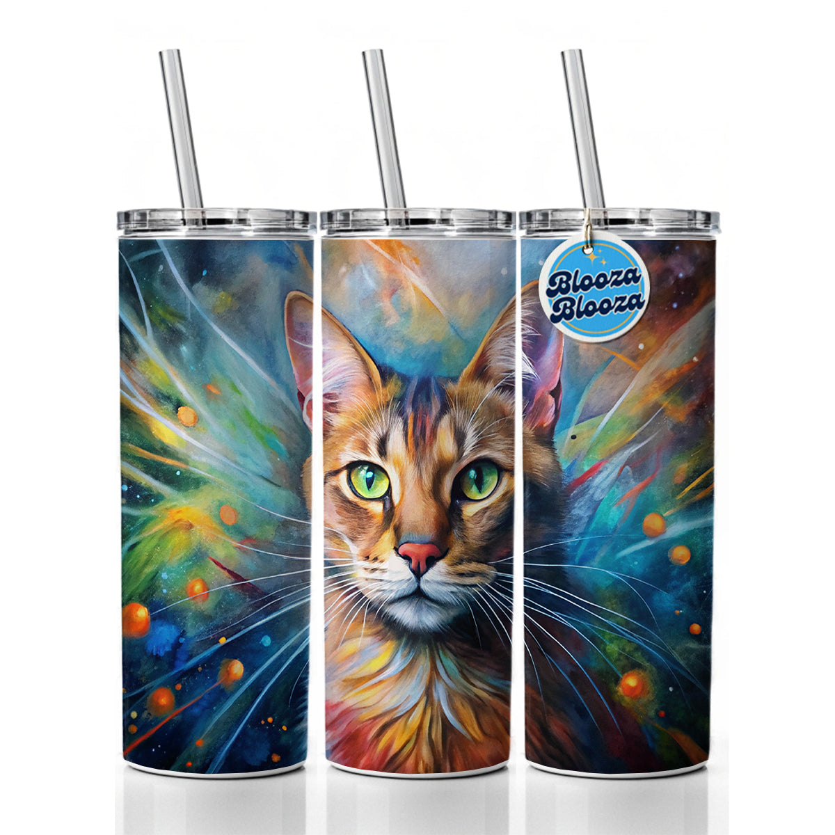 Tabby Cat Abstract Art Color Explosion Skinny Tumbler 20oz with Straw Insulated Water Bottle Gift