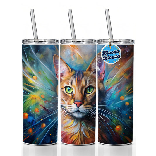 Tabby Cat Abstract Art Color Explosion Skinny Tumbler 20oz with Straw Insulated Water Bottle Gift