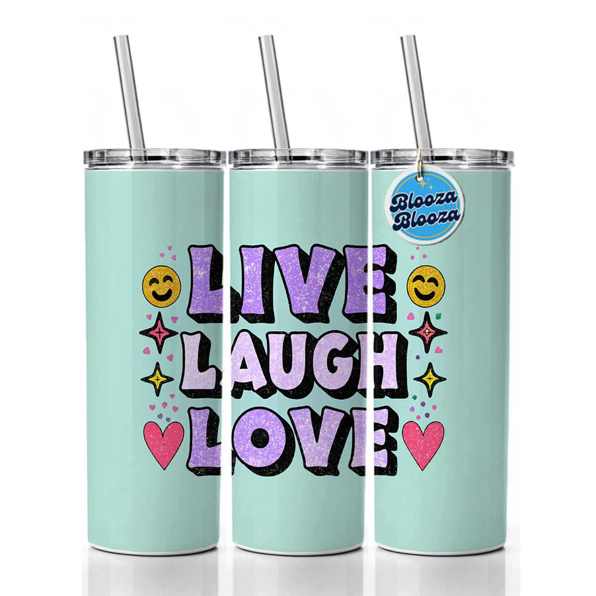 Live Laugh Love Funny Faces Hearts Skinny Tumbler 20oz with Straw Insulated Water Bottle Gift