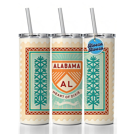 Alabama AL State Heart of Dixie Travel Vacation Stamp Skinny Tumbler 20oz with Straw Insulated Water Bottle Gift