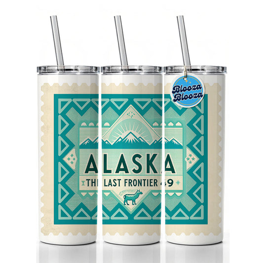 Alaska AK State The Last Frontier Travel Vacation Stamp Skinny Tumbler 20oz with Straw Insulated Water Bottle Gift