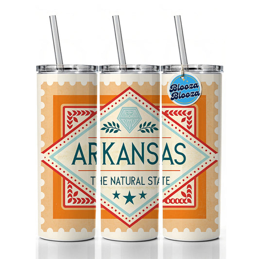 Arkansas AR The Natural State Travel Vacation Stamp Skinny Tumbler 20oz with Straw Insulated Water Bottle Gift