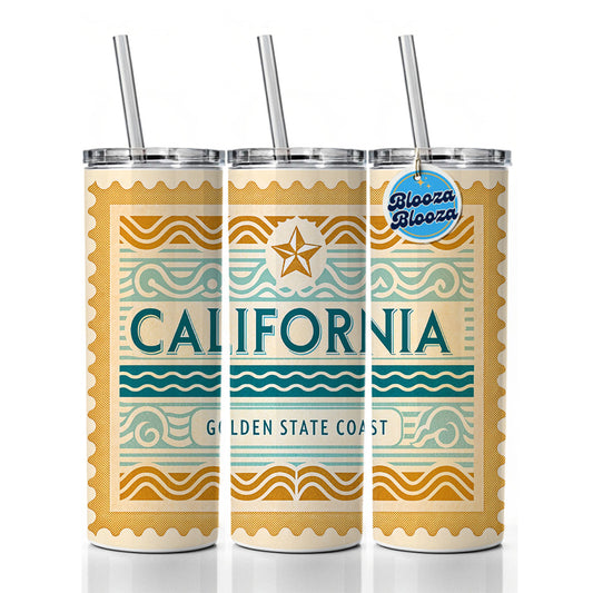 California CA Golden State Coast Travel Vacation Stamp Skinny Tumbler 20oz with Straw Insulated Water Bottle Gift