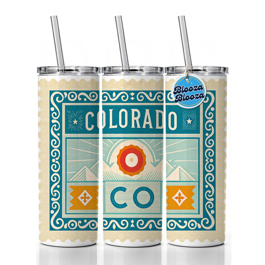 Colorado CO State Travel Vacation Stamp Skinny Tumbler 20oz with Straw Insulated Water Bottle Gift