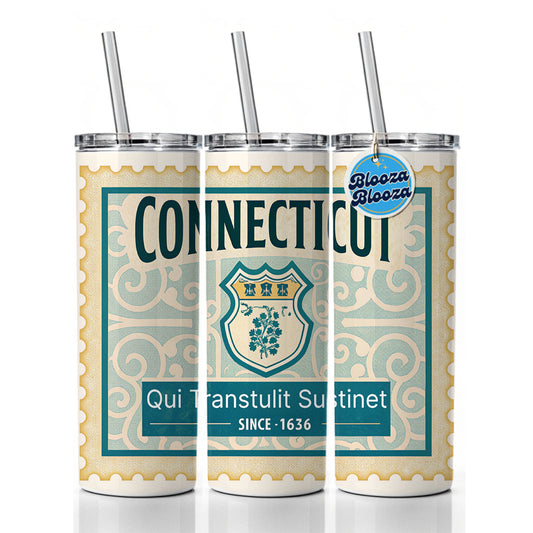 Connecticut CT Qui Transtulit Sustinet State Motto Travel Vacation Stamp Skinny Tumbler 20oz with Straw Insulated Water Bottle Gift