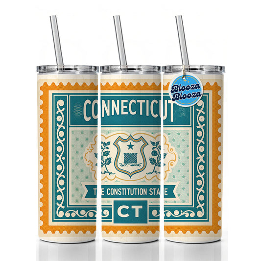 Connecticut CT The Constitution State Travel Vacation Stamp Skinny Tumbler 20oz with Straw Insulated Water Bottle Gift