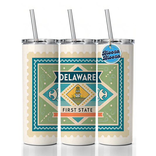 Delaware DE First State Travel Vacation Stamp Skinny Tumbler 20oz with Straw Insulated Water Bottle Gift