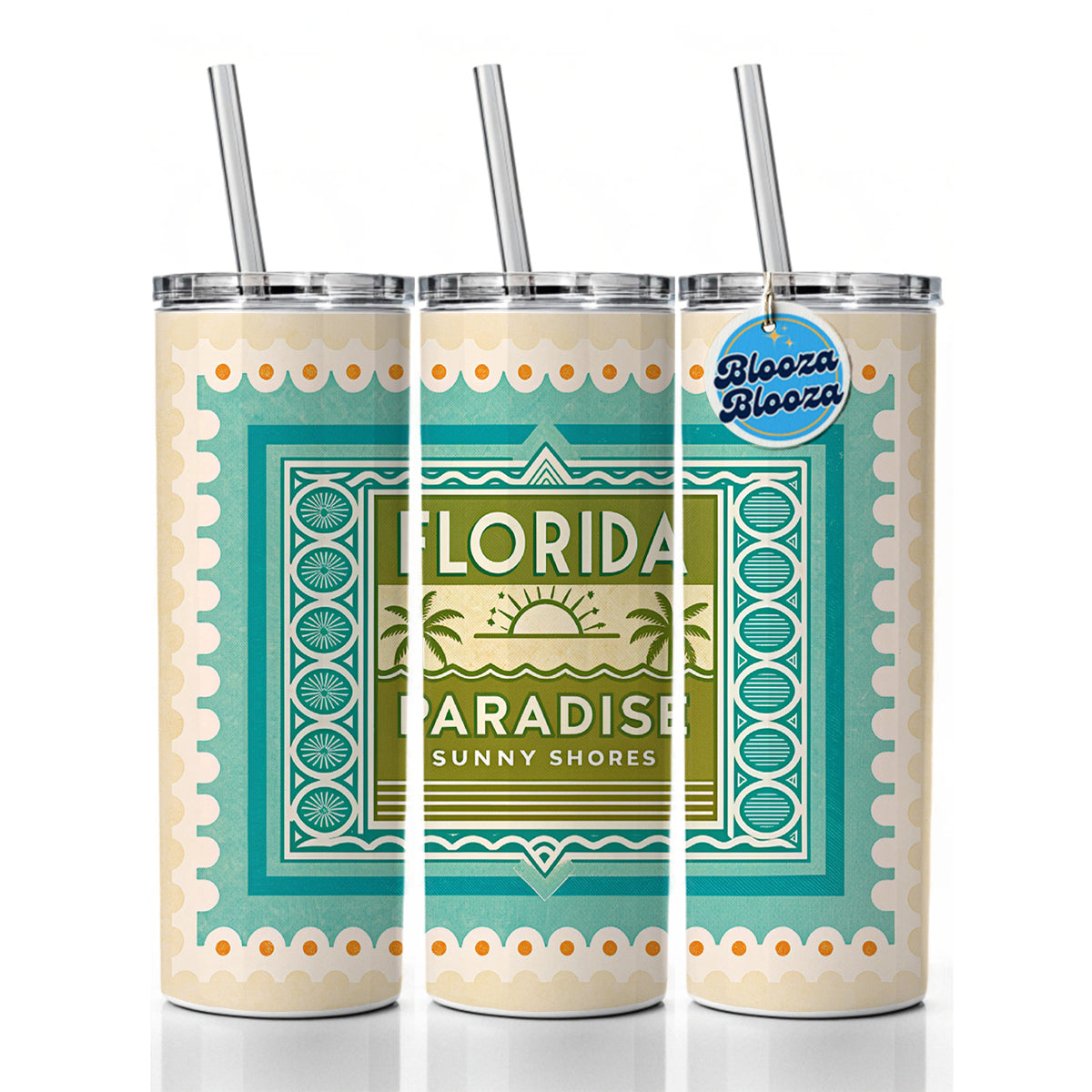 Florida FL Paradise State Travel Vacation Stamp Skinny Tumbler 20oz with Straw Insulated Water Bottle Gift