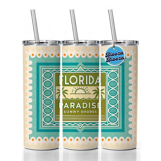 Florida FL Paradise State Travel Vacation Stamp Skinny Tumbler 20oz with Straw Insulated Water Bottle Gift