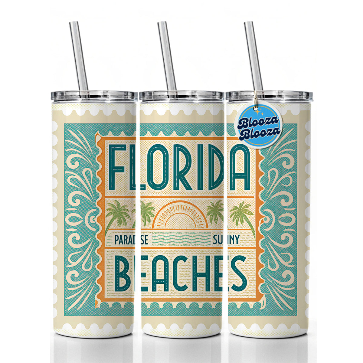 Florida FL Paradise Sunny Beaches State Travel Vacation Stamp Skinny Tumbler 20oz with Straw Insulated Water Bottle Gift