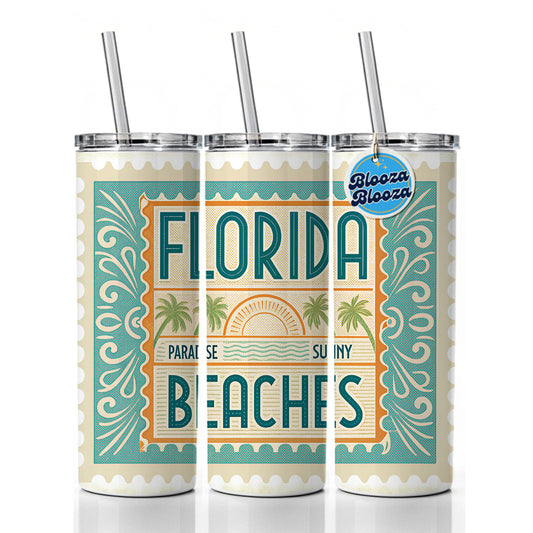 Florida FL Paradise Sunny Beaches State Travel Vacation Stamp Skinny Tumbler 20oz with Straw Insulated Water Bottle Gift