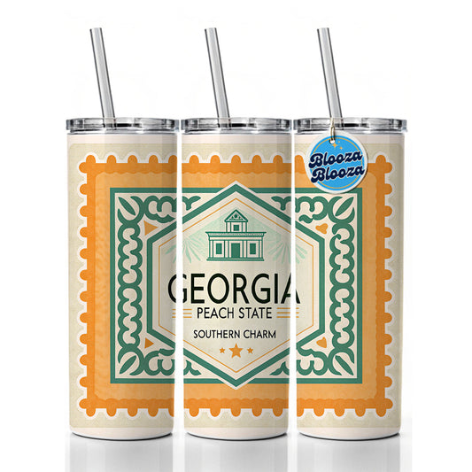 Georgia GA Peach State Travel Vacation Stamp Skinny Tumbler 20oz with Straw Insulated Water Bottle Gift