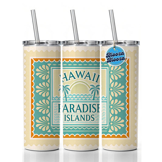 Hawaii State Paradise Islands Travel Vacation Stamp Skinny Tumbler 20oz with Straw Insulated Water Bottle Gift