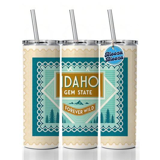 Idaho ID Gem State Forever Wild Travel Vacation Stamp Skinny Tumbler 20oz with Straw Insulated Water Bottle Gift