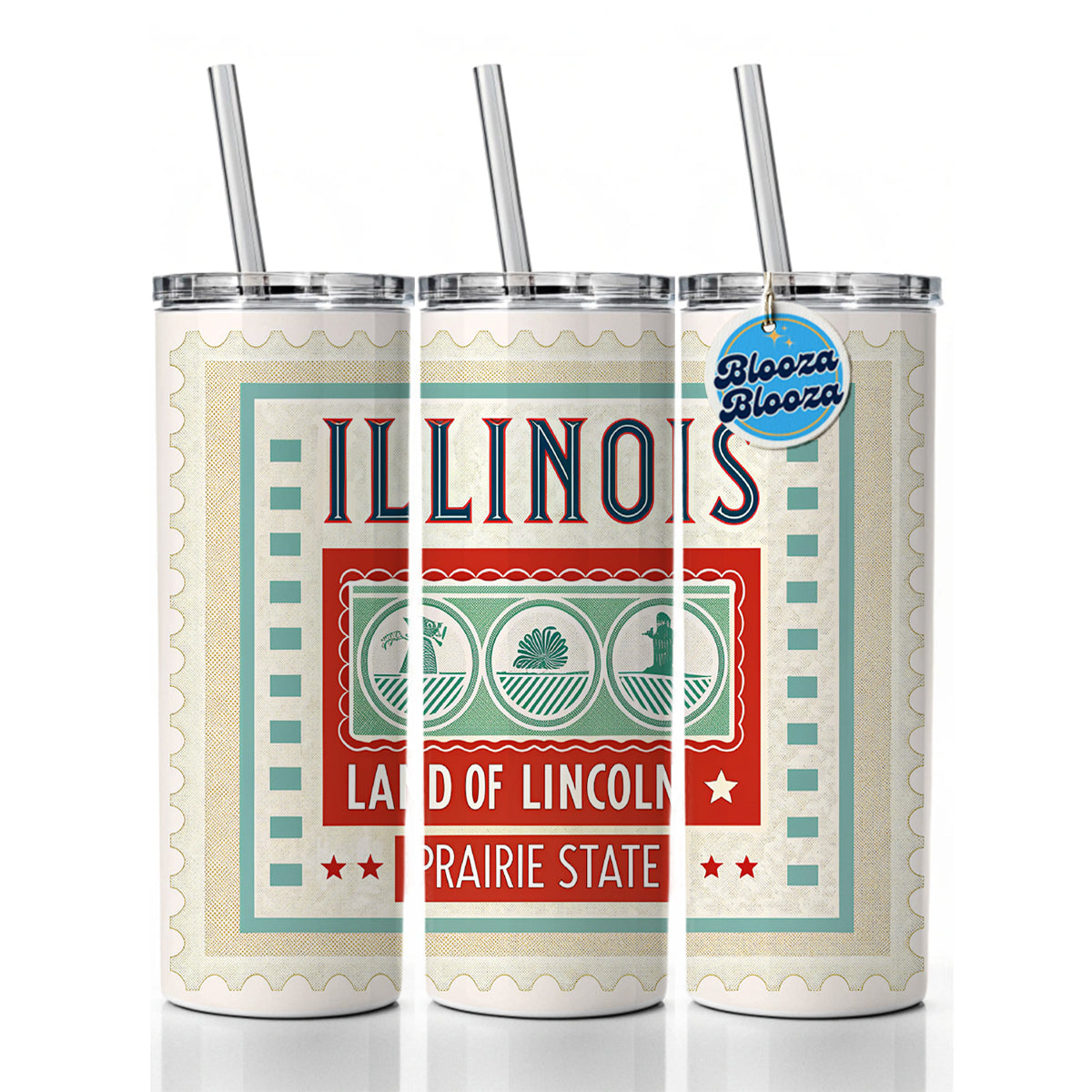 Illinois IL Land of Lincoln State Travel Vacation Stamp Skinny Tumbler 20oz with Straw Insulated Water Bottle Gift