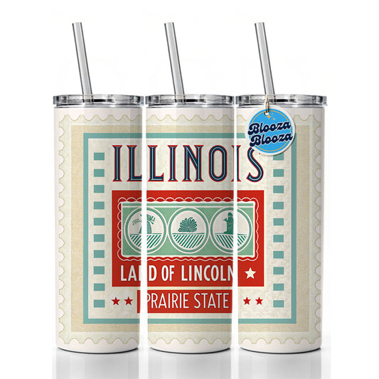 Illinois IL Land of Lincoln State Travel Vacation Stamp Skinny Tumbler 20oz with Straw Insulated Water Bottle Gift