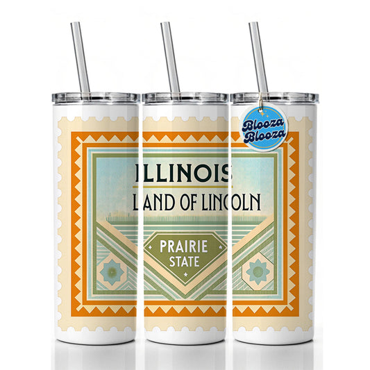 Illinois IL Prairie State Land of Lincoln Travel Vacation Stamp Skinny Tumbler 20oz with Straw Insulated Water Bottle Gift