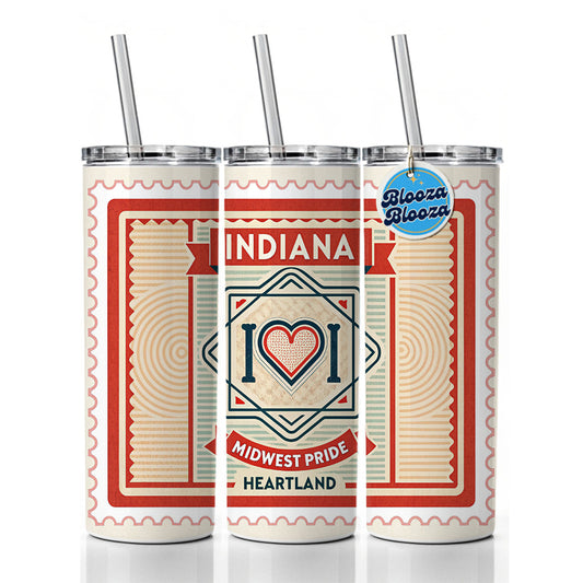 Indiana IN Heartland State Travel Vacation Stamp Skinny Tumbler 20oz with Straw Insulated Water Bottle Gift