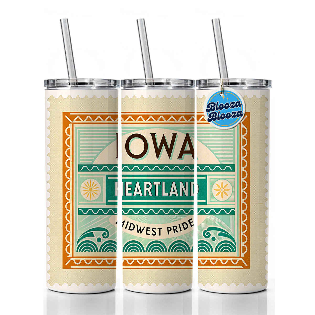Iowa IA Heartland State Travel Vacation Stamp Skinny Tumbler 20oz with Straw Insulated Water Bottle Gift