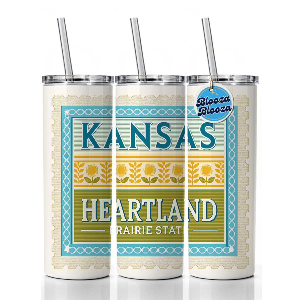 Kansas KS Heartland Prairie State Travel Vacation Stamp Skinny Tumbler 20oz with Straw Insulated Water Bottle Gift