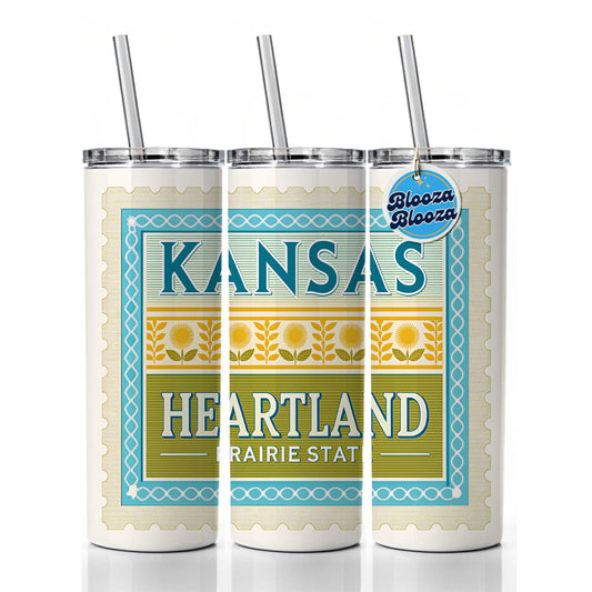 Kansas KS Heartland Prairie State Travel Vacation Stamp Skinny Tumbler 20oz with Straw Insulated Water Bottle Gift