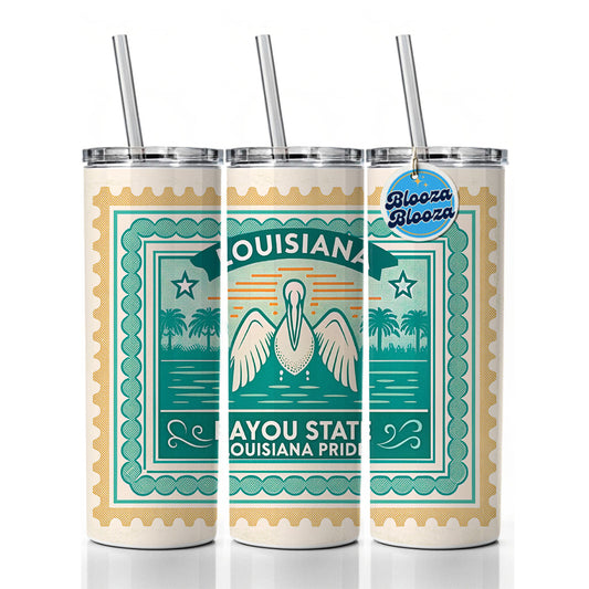 Louisiana LA Bayou State Travel Vacation Stamp Skinny Tumbler 20oz with Straw Insulated Water Bottle Gift