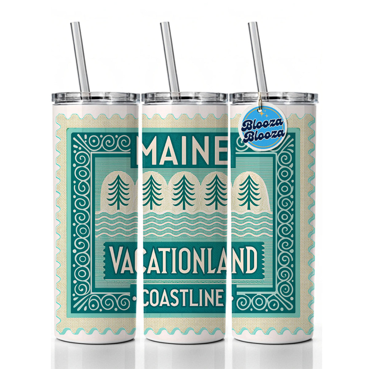 Maine ME Vacationland Coastline State Travel Vacation Stamp Skinny Tumbler 20oz with Straw Insulated Water Bottle Gift