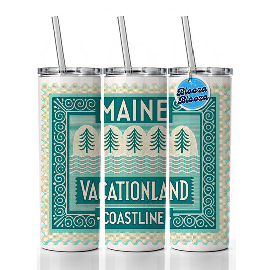 Maine ME Vacationland Coastline State Travel Vacation Stamp Skinny Tumbler 20oz with Straw Insulated Water Bottle Gift