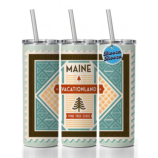 Maine ME Vacationland Pine Tree State Travel Vacation Stamp Skinny Tumbler 20oz with Straw Insulated Water Bottle Gift