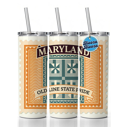 Maryland MD Old Line State Travel Vacation Stamp Skinny Tumbler 20oz with Straw Insulated Water Bottle Gift