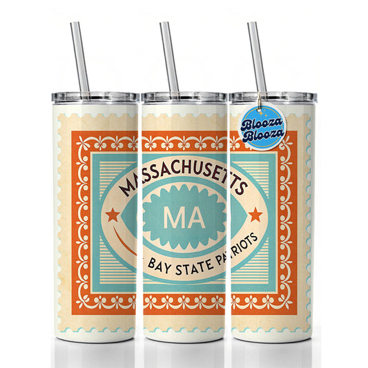 Massachusetts MA Bay State Patriots Travel Vacation Stamp Skinny Tumbler 20oz with Straw Insulated Water Bottle Gift