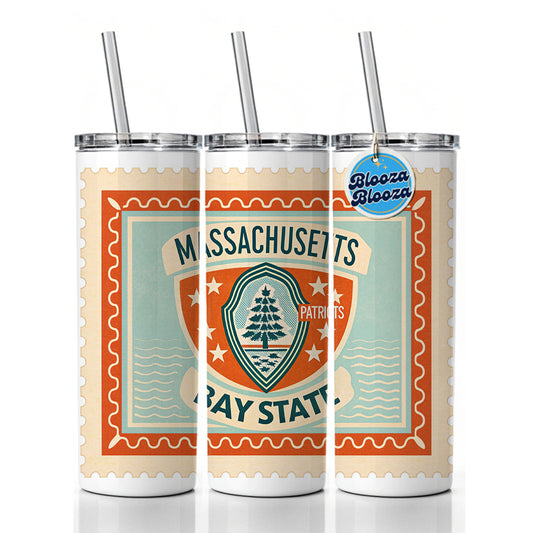 Massachusetts MA Bay State Travel Vacation Stamp Skinny Tumbler 20oz with Straw Insulated Water Bottle Gift