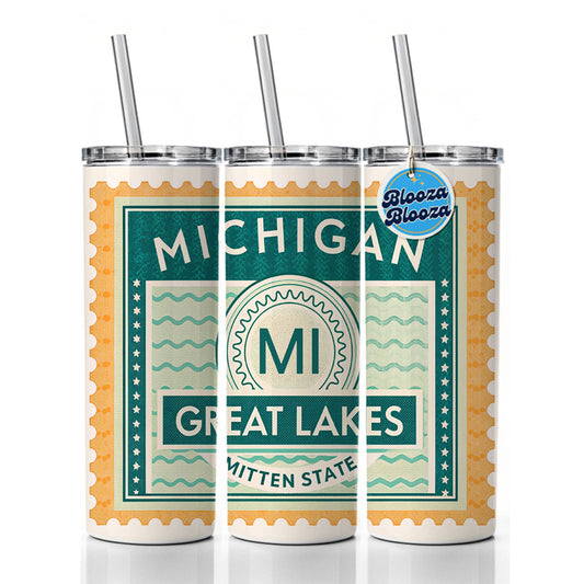 Michigan MI Great Lakes Mitten State Travel Vacation Stamp Skinny Tumbler 20oz with Straw Insulated Water Bottle Gift