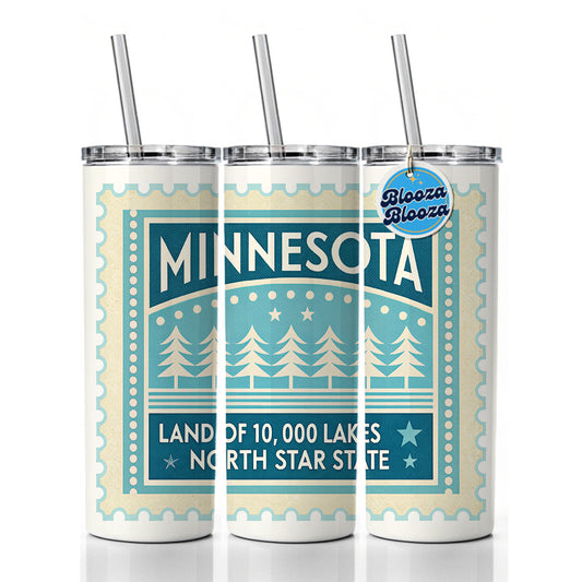 Minnesota MN Land of 10000 Lakes State Travel Vacation Stamp Skinny Tumbler 20oz with Straw Insulated Water Bottle Gift
