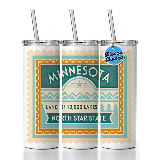 Minnesota MN North Star State Travel Vacation Stamp Skinny Tumbler 20oz with Straw Insulated Water Bottle Gift