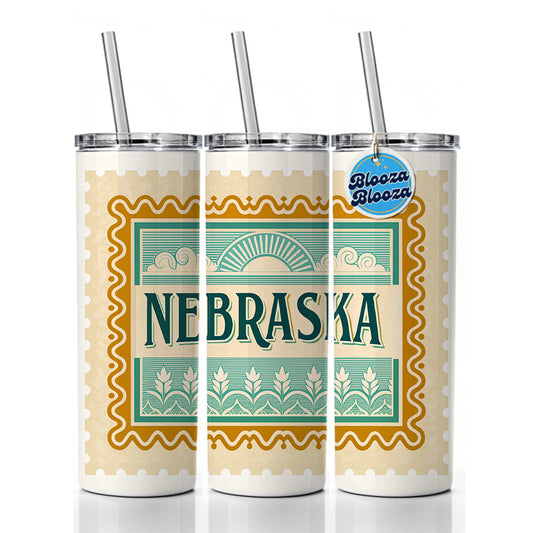 Nebraska NE State Travel Vacation Stamp Skinny Tumbler 20oz with Straw Insulated Water Bottle Gift