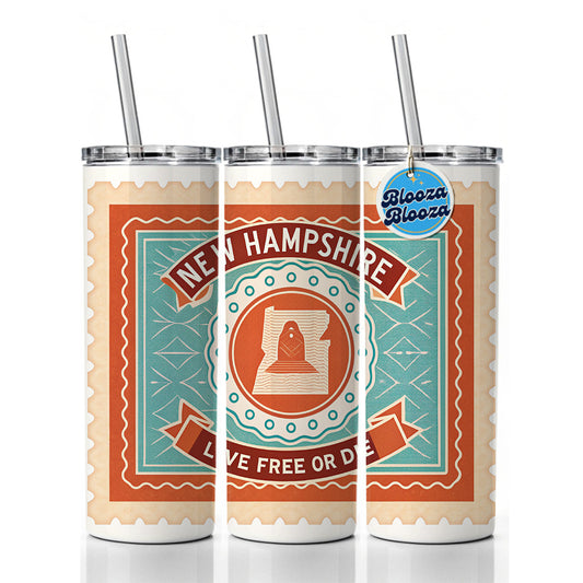 New Hampshire NH Live Free Or Die State Travel Vacation Stamp Skinny Tumbler 20oz with Straw Insulated Water Bottle Gift