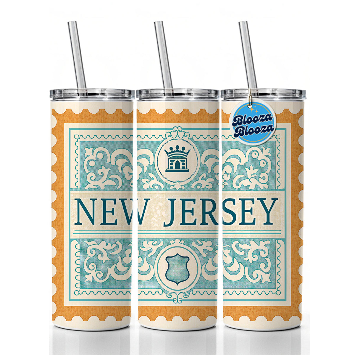 New Jersey NJ State Travel Vacation Stamp Skinny Tumbler 20oz with Straw Insulated Water Bottle Gift
