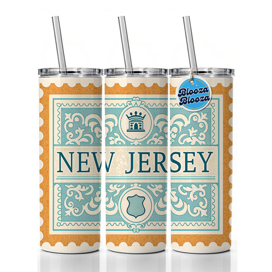 New Jersey NJ State Travel Vacation Stamp Skinny Tumbler 20oz with Straw Insulated Water Bottle Gift
