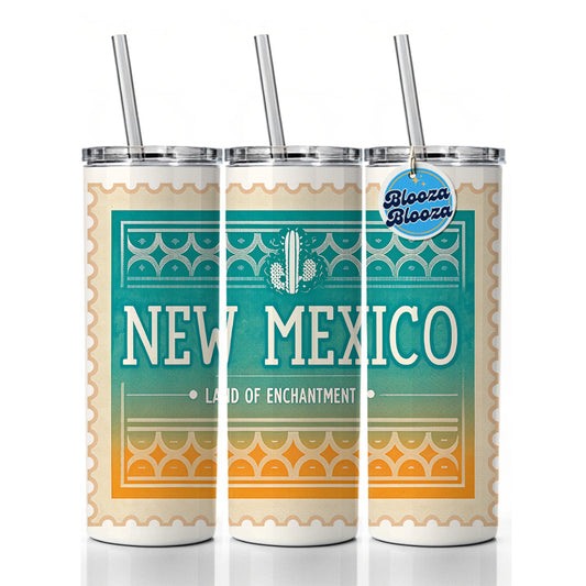 New Mexico NM Land of Enchantment State Travel Vacation Stamp Skinny Tumbler 20oz with Straw Insulated Water Bottle Gift