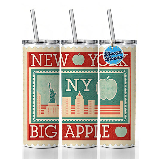 New York NY Big Apple State Travel Vacation Stamp Skinny Tumbler 20oz with Straw Insulated Water Bottle Gift