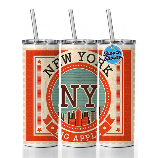 New York NY State Big Apple City Travel Vacation Stamp Skinny Tumbler 20oz with Straw Insulated Water Bottle Gift