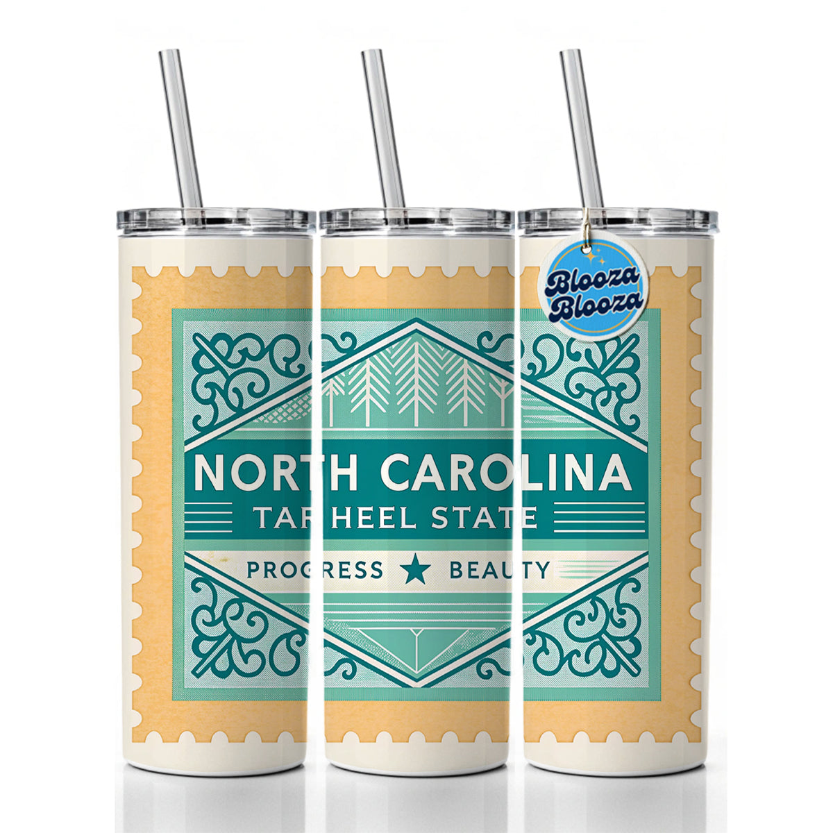North Carolina NC Tar Heel State Progress Beauty Travel Vacation Stamp Skinny Tumbler 20oz with Straw Insulated Water Bottle Gift