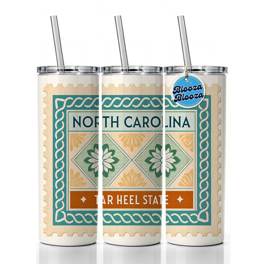 North Carolina NC Tar Heel State Travel Vacation Stamp Skinny Tumbler 20oz with Straw Insulated Water Bottle Gift