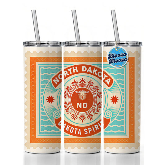 North Dakota ND State Travel Vacation Stamp Skinny Tumbler 20oz with Straw Insulated Water Bottle Gift