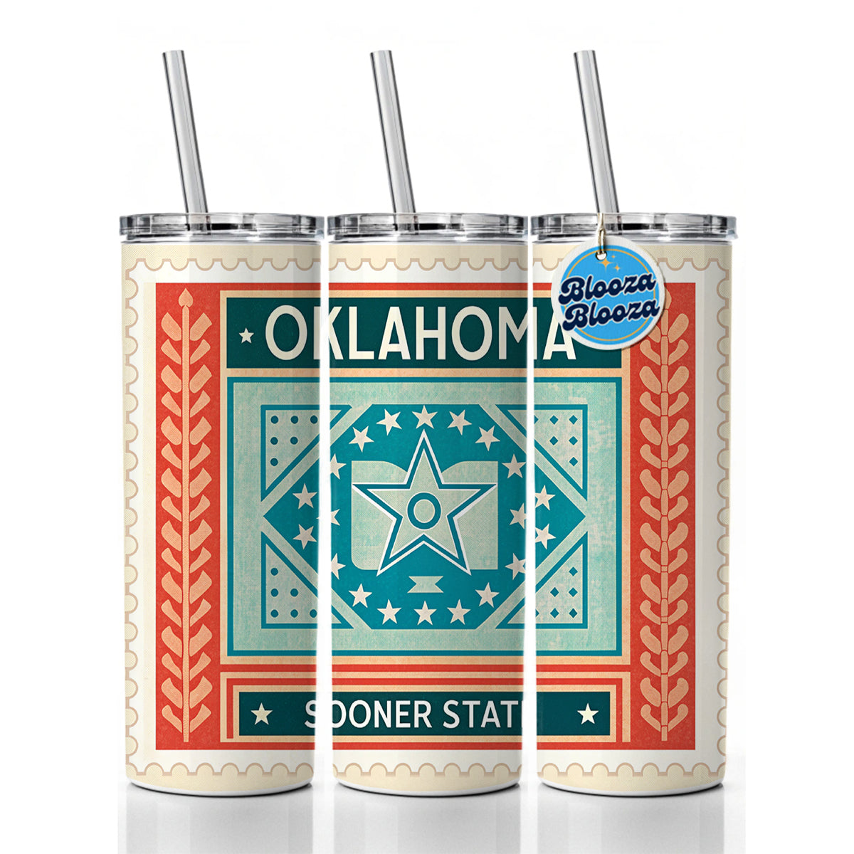 Oklahoma OK Sooner State Travel Vacation Stamp Skinny Tumbler 20oz with Straw Insulated Water Bottle Gift