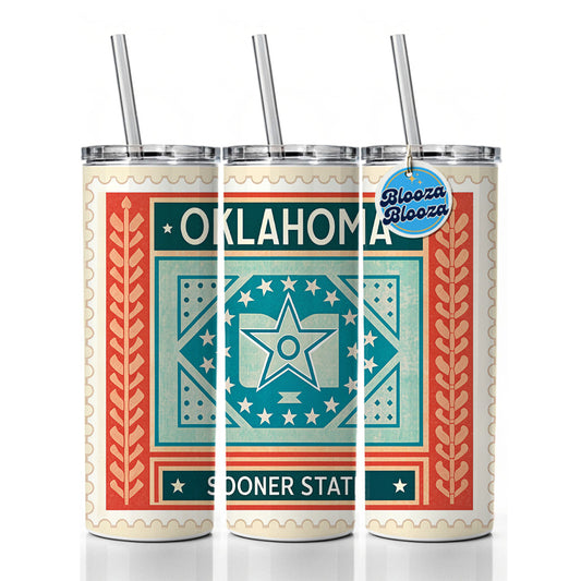 Oklahoma OK Sooner State Travel Vacation Stamp Skinny Tumbler 20oz with Straw Insulated Water Bottle Gift