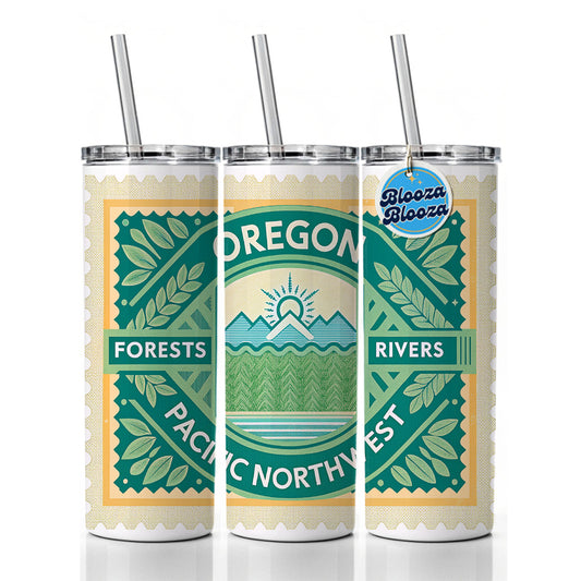 Oregon OR Pacific Northwest State Travel Vacation Stamp Skinny Tumbler 20oz with Straw Insulated Water Bottle Gift