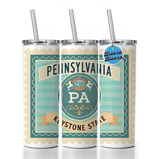 Pennsylvania PA Keystone State Travel Vacation Stamp Skinny Tumbler 20oz with Straw Insulated Water Bottle Gift