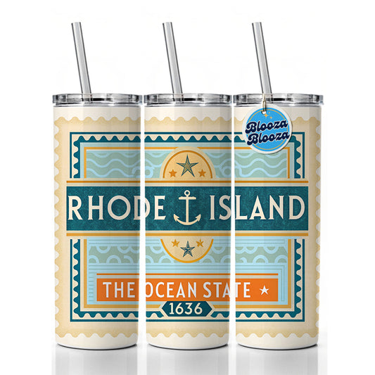 Rhode Island RI The Ocean State Travel Vacation Stamp Skinny Tumbler 20oz with Straw Insulated Water Bottle Gift